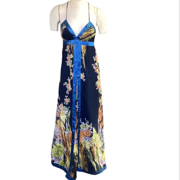 Double Zero Floral Chiffon Maxi Dress Satin Trim Sz M Straps Tie in Back #236G - Picture 1 of 8